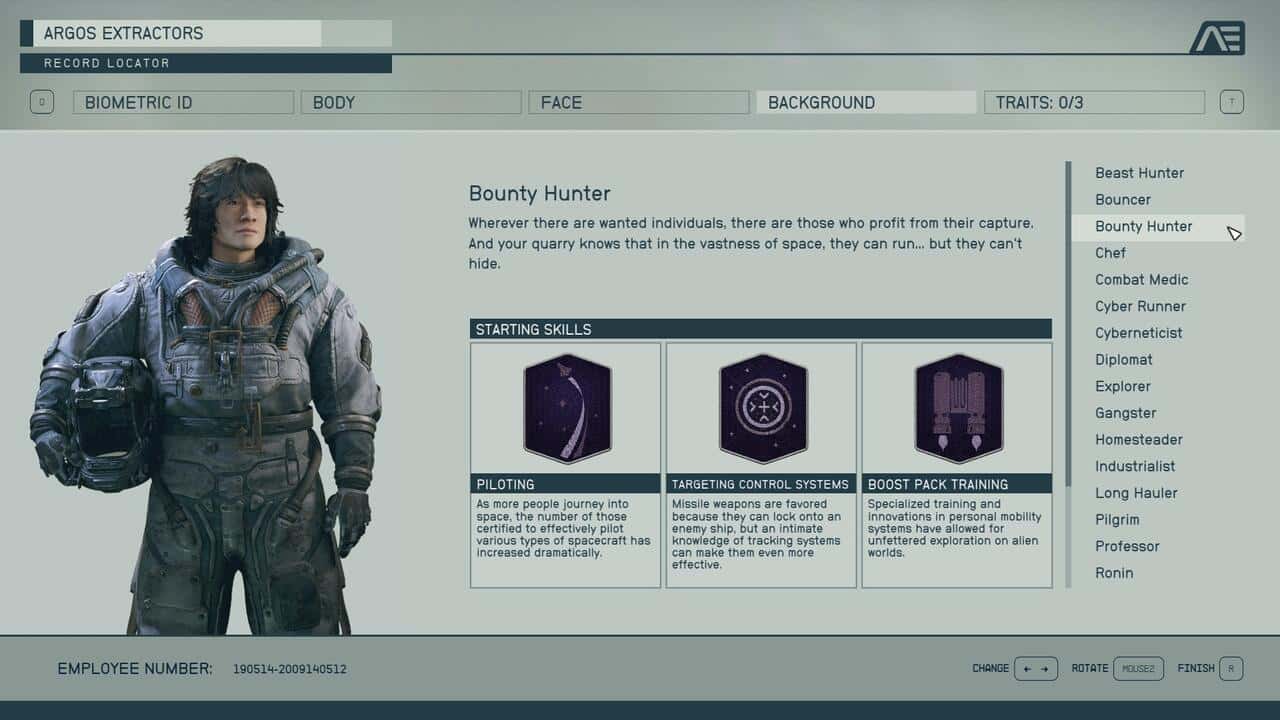 Starfield backgrounds: The Bounty Hunter background in the character creation menu.