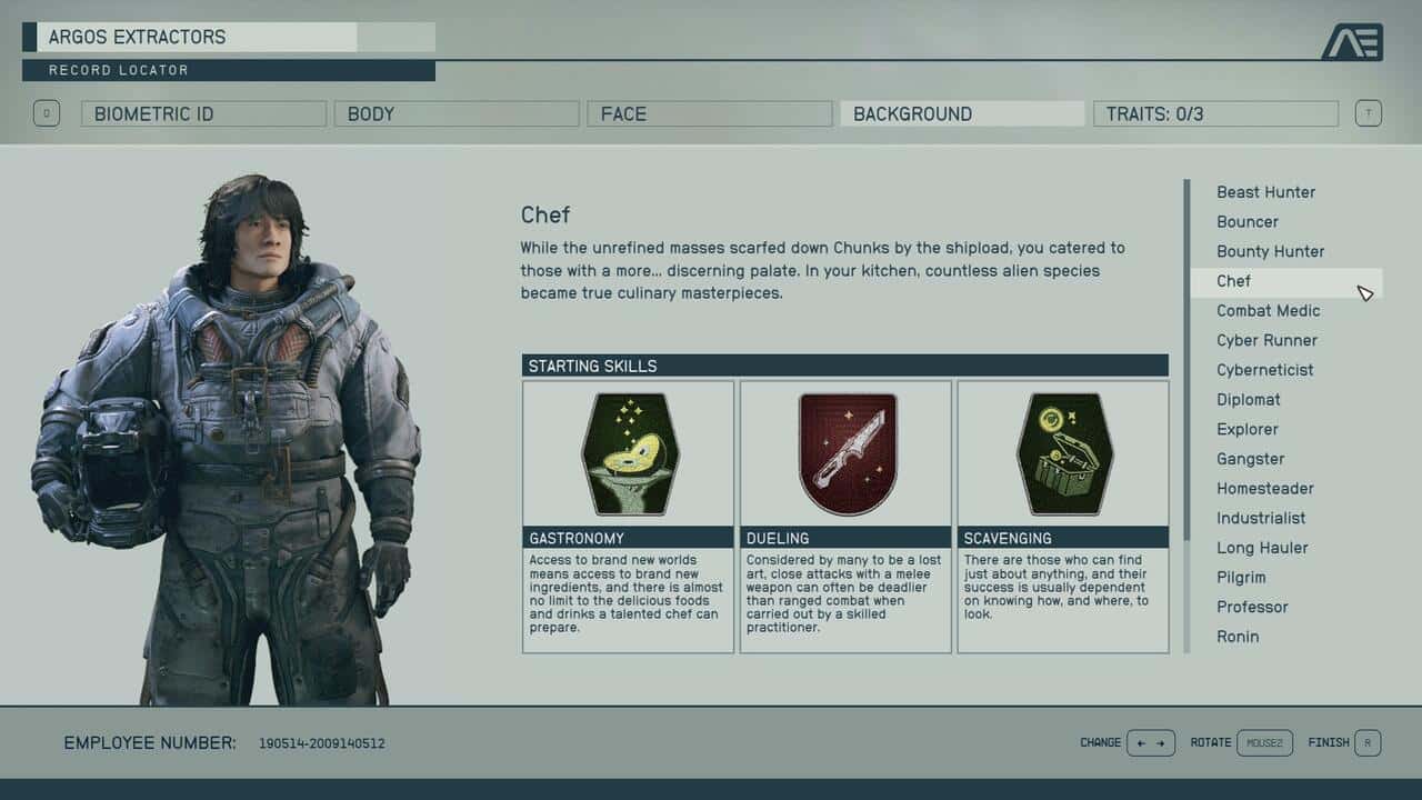 Starfield backgrounds: The Chef background in the character creation menu.