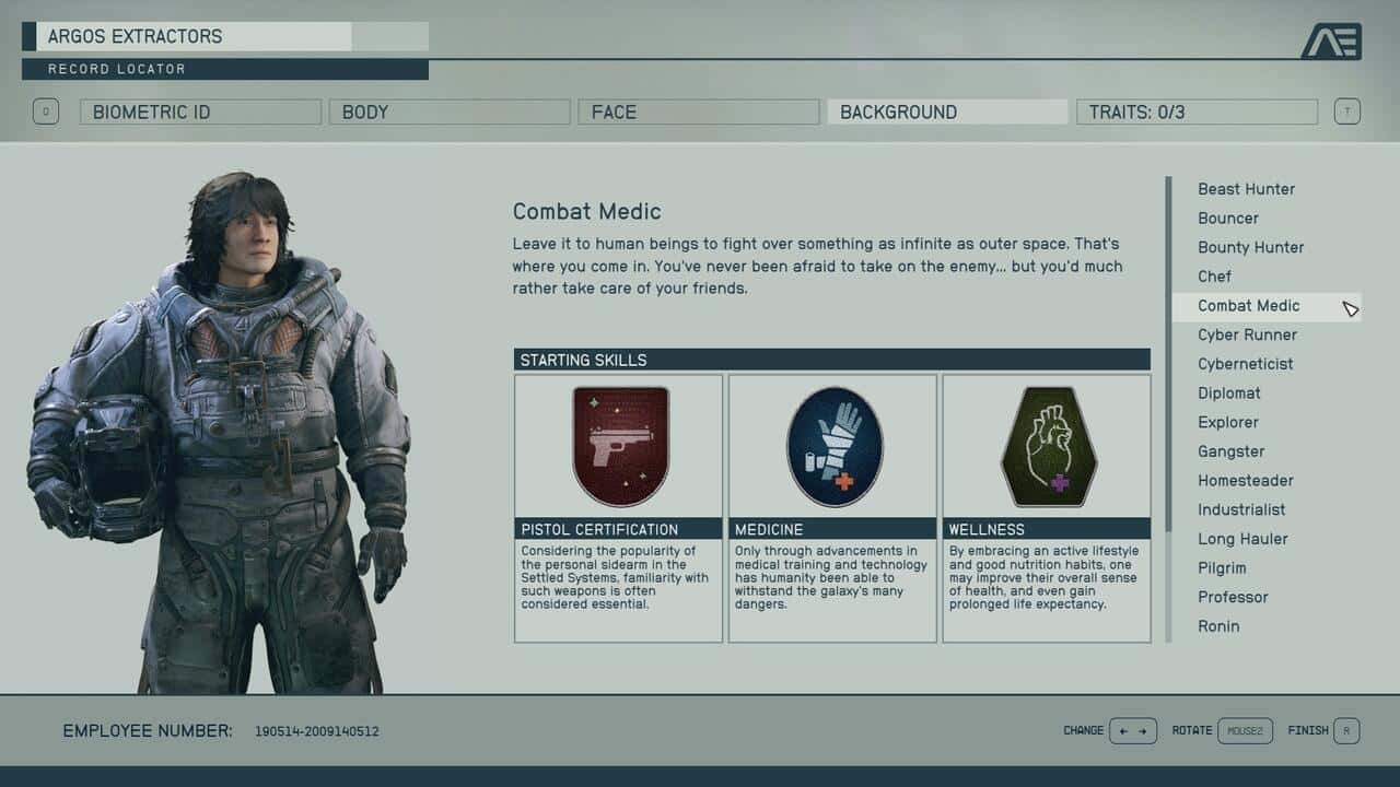 Starfield backgrounds: The Combat Medic background in the character creation menu.