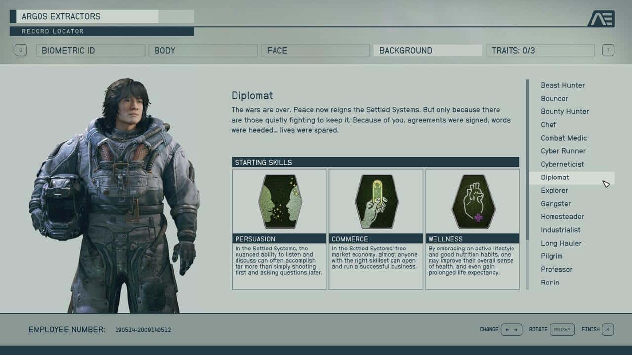 Starfield backgrounds: The Diplomat background in the character creation menu.