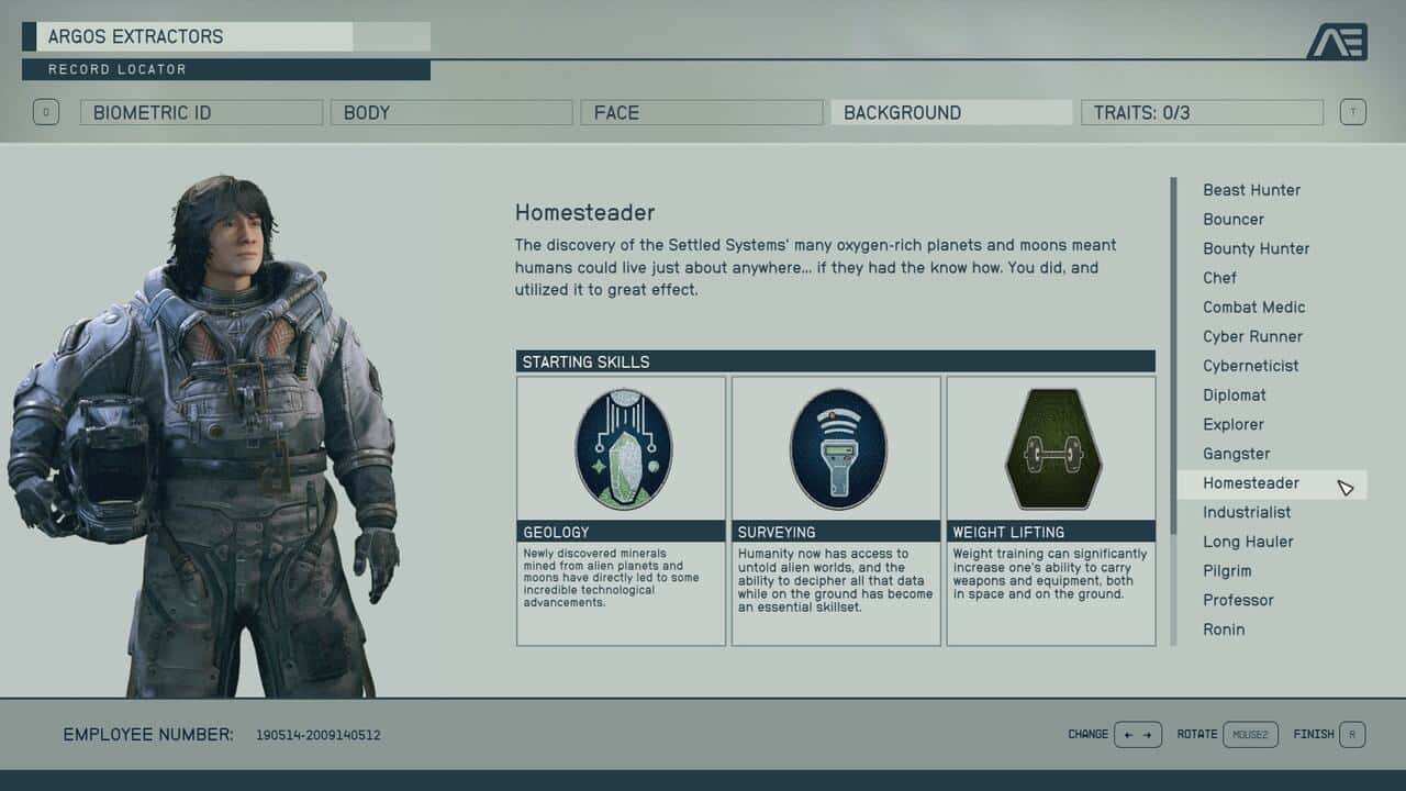 Starfield backgrounds: The Homesteader background in the character creation menu.