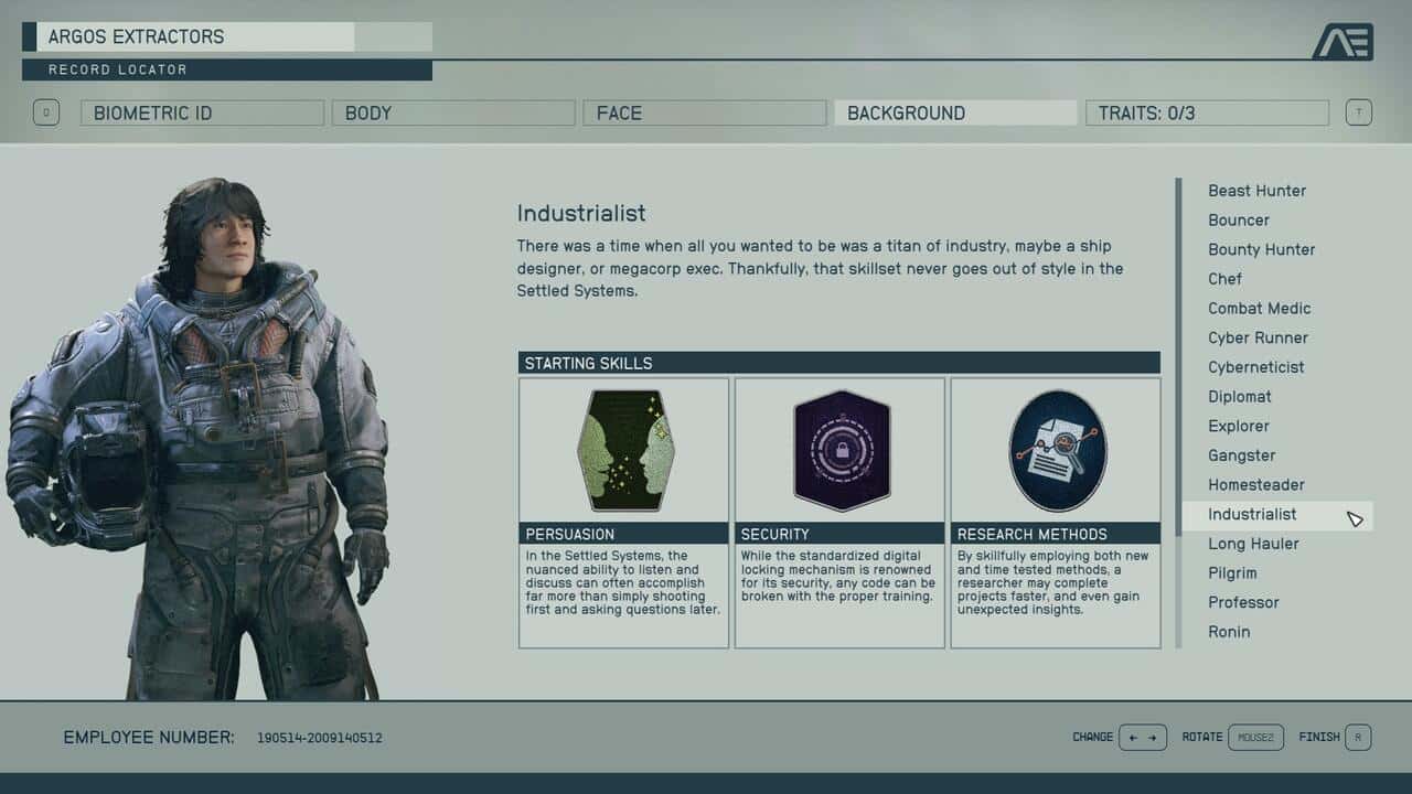 Starfield backgrounds: The Industrialist background in the character creation menu.
