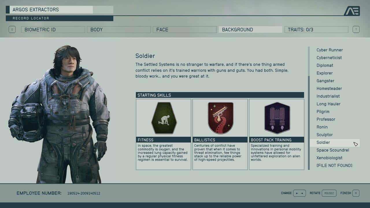 Starfield backgrounds: The Soldier background in the character creation menu.