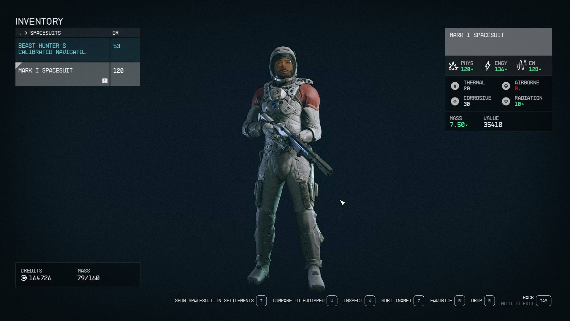 Starfield best spacesuits: A player with the Mark I set equipped in the inventory menu.