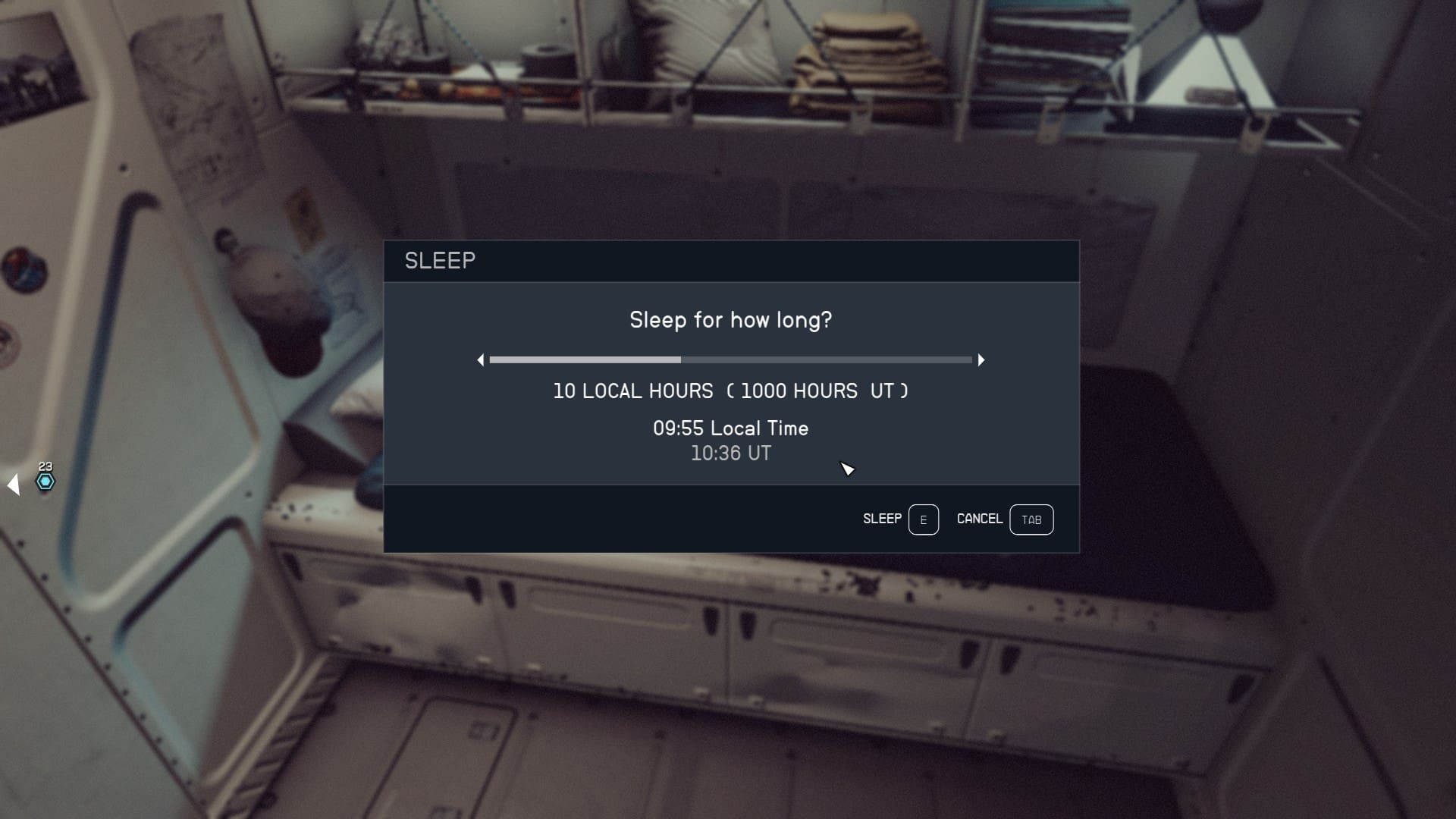 Starfield Blast Zone: The player about next to a bed with the sleep menu open