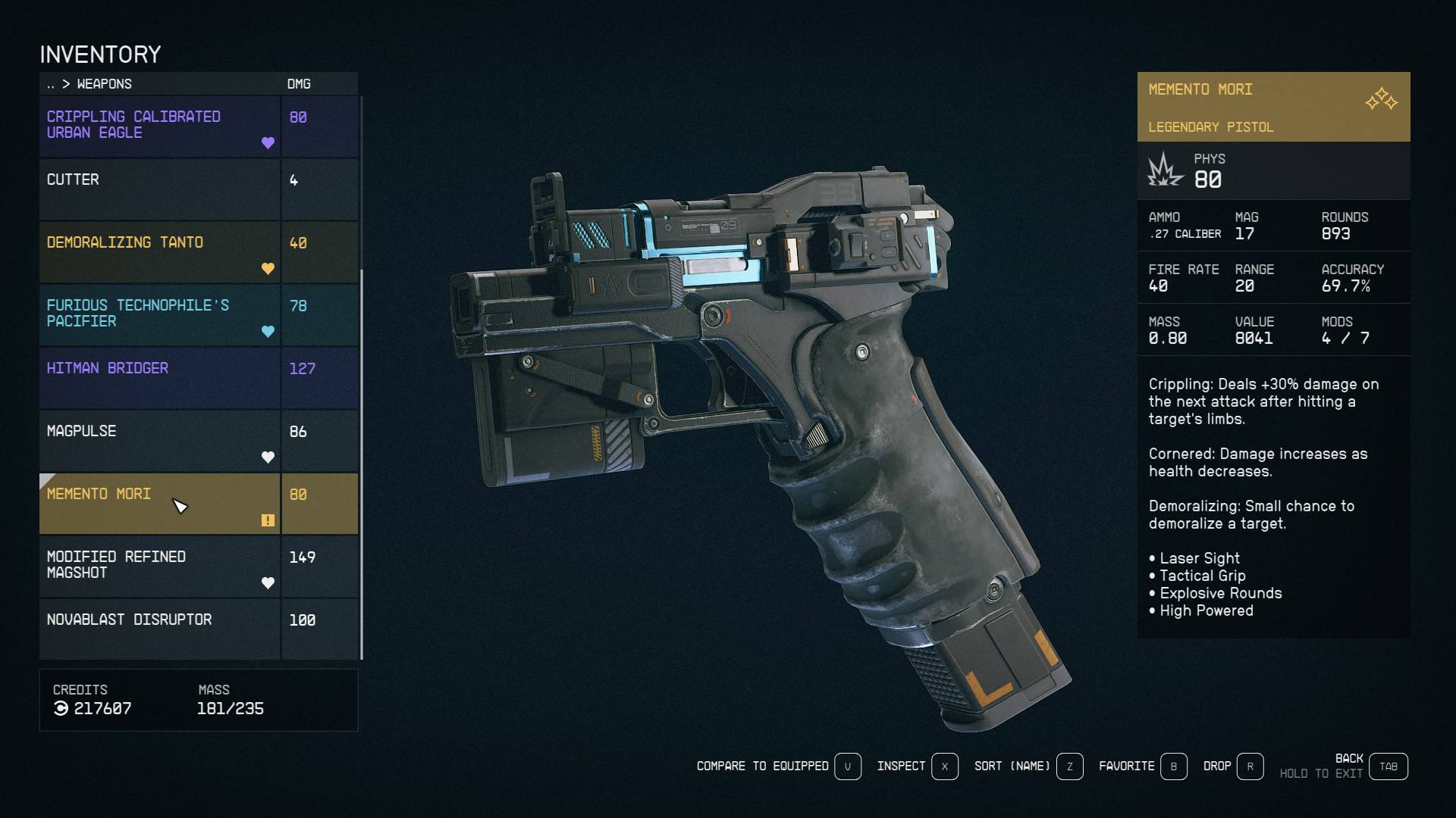 Starfield Burden of Proof evidence locations: The Memento Mori Legendary Pistol in the player's inventory.