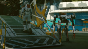 Starfield cast and voice actors: A player walks up a spaceship ramp, Vasco off to their left.