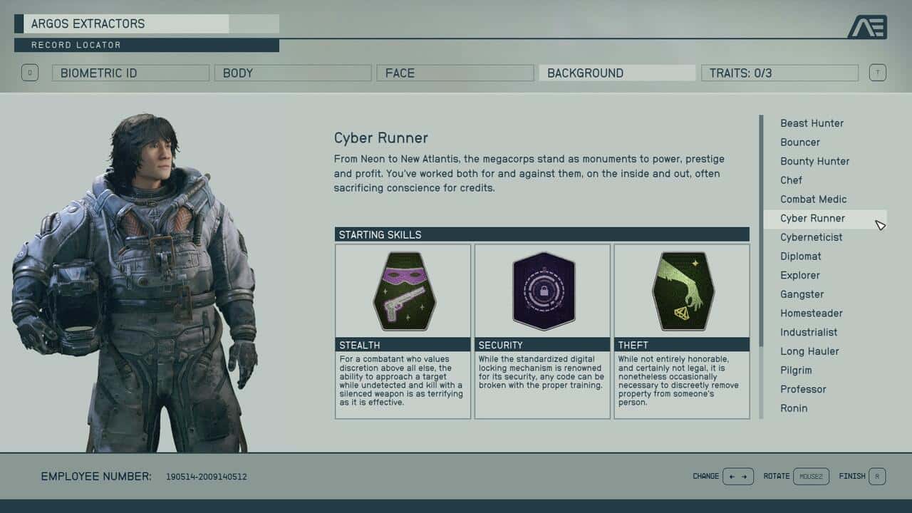 Starfield Character Creator: The Cyber Runner background in the character creation menu.