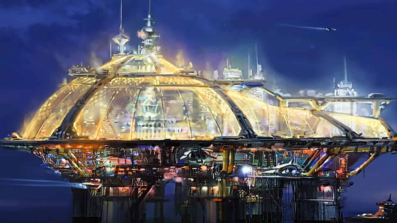 Starfield Cities: An image of a fishing platform that turned into Neon City in the game of Starfield.