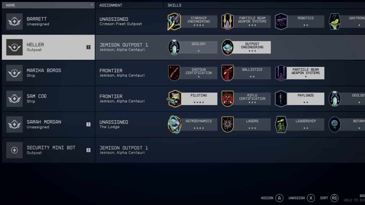 Starfield crew members: The crew member management menu screen.