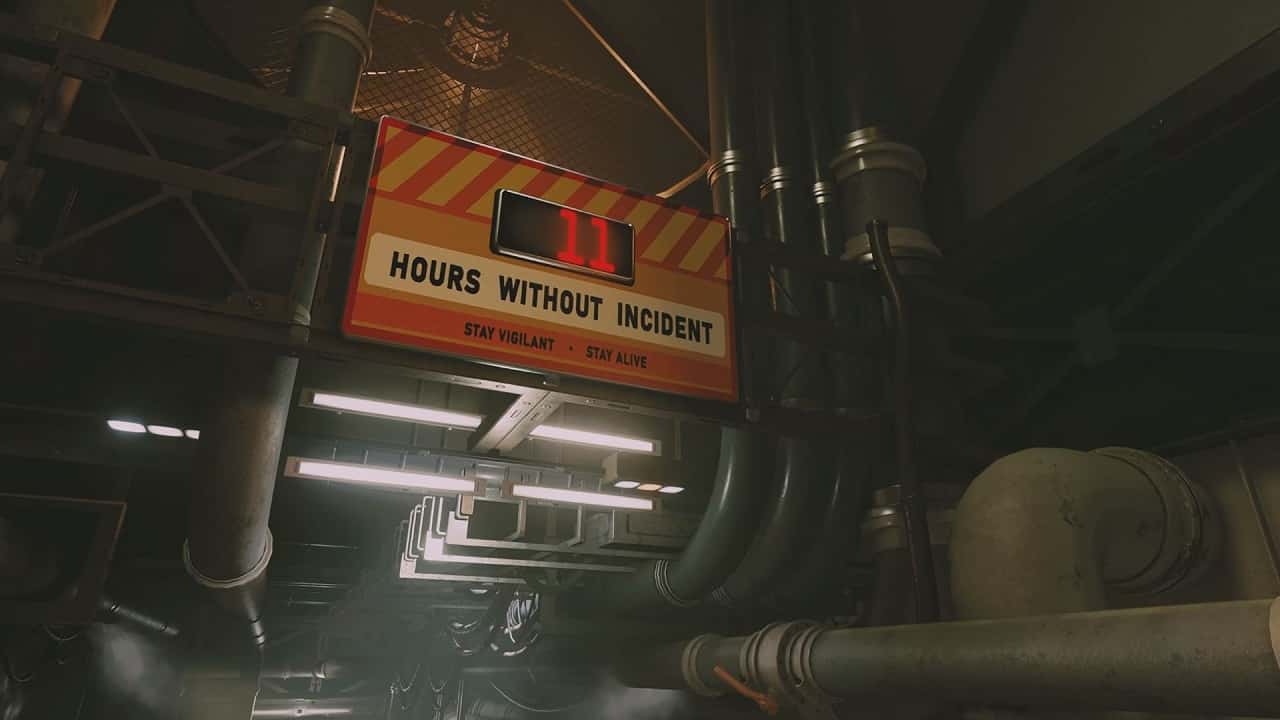 Starfield Cydonia: An image of a board that states "11 hours without incident" in a mining facility in Cydonia, a city in Starfield.