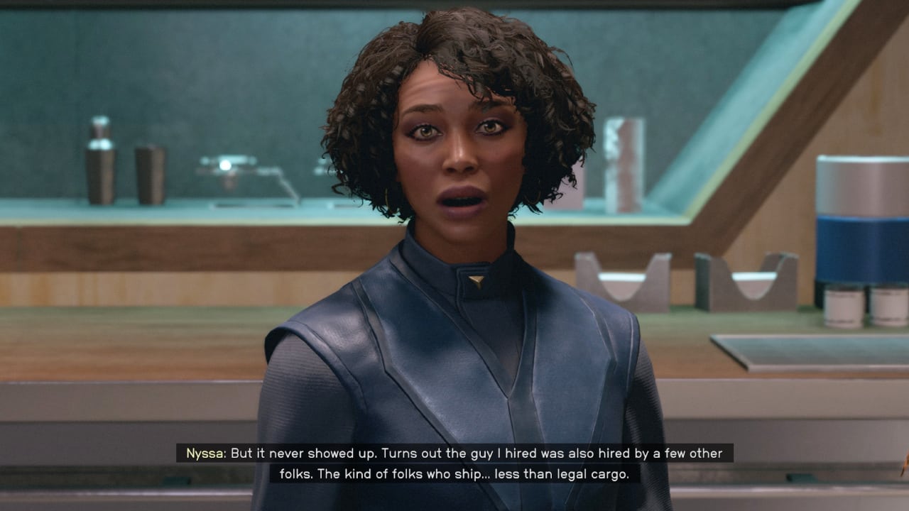 Starfield Distilling Confidence quest: Viewport bartender Nyssa in conversation with a player.