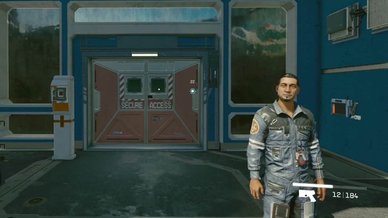Starfield Distilling Confidence quest: The Secure Storage entrance, guarded by Emin.
