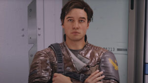 Starfield download size: A man in a leather jacket stands in front of a door, in conversation with a player.