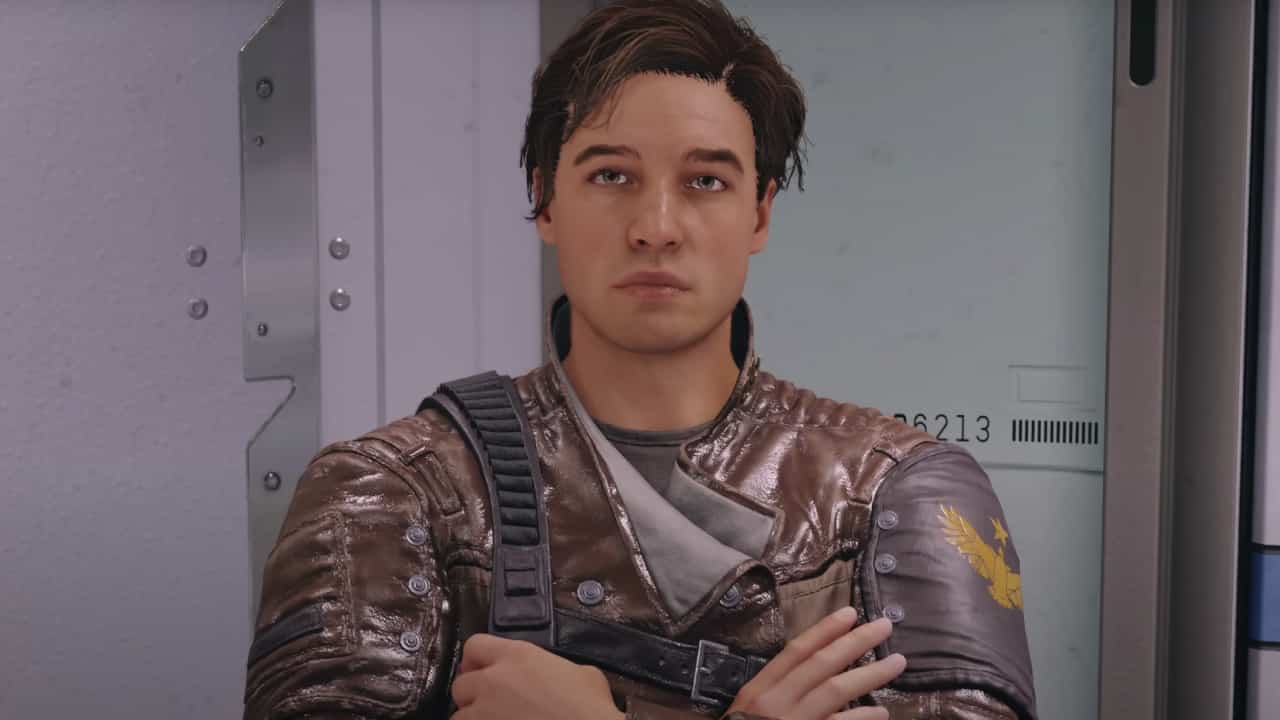 Starfield download size: A man in a leather jacket stands in front of a door, in conversation with a player.