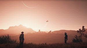 Starfield Freestar Collective faction: Two rangers face off in a duel on the outskirts of a city at sunset.