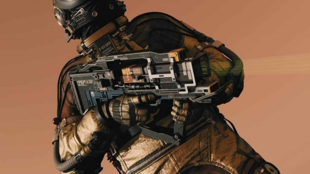 Starfield hardcore: An image of a player in the game holding a weapon.