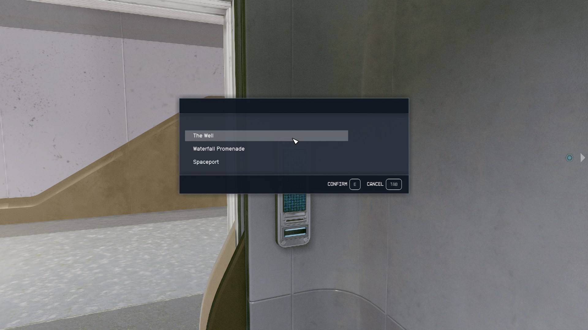 Starfield how to get to The Well: The option menu in the elevator showing The Well at the top.