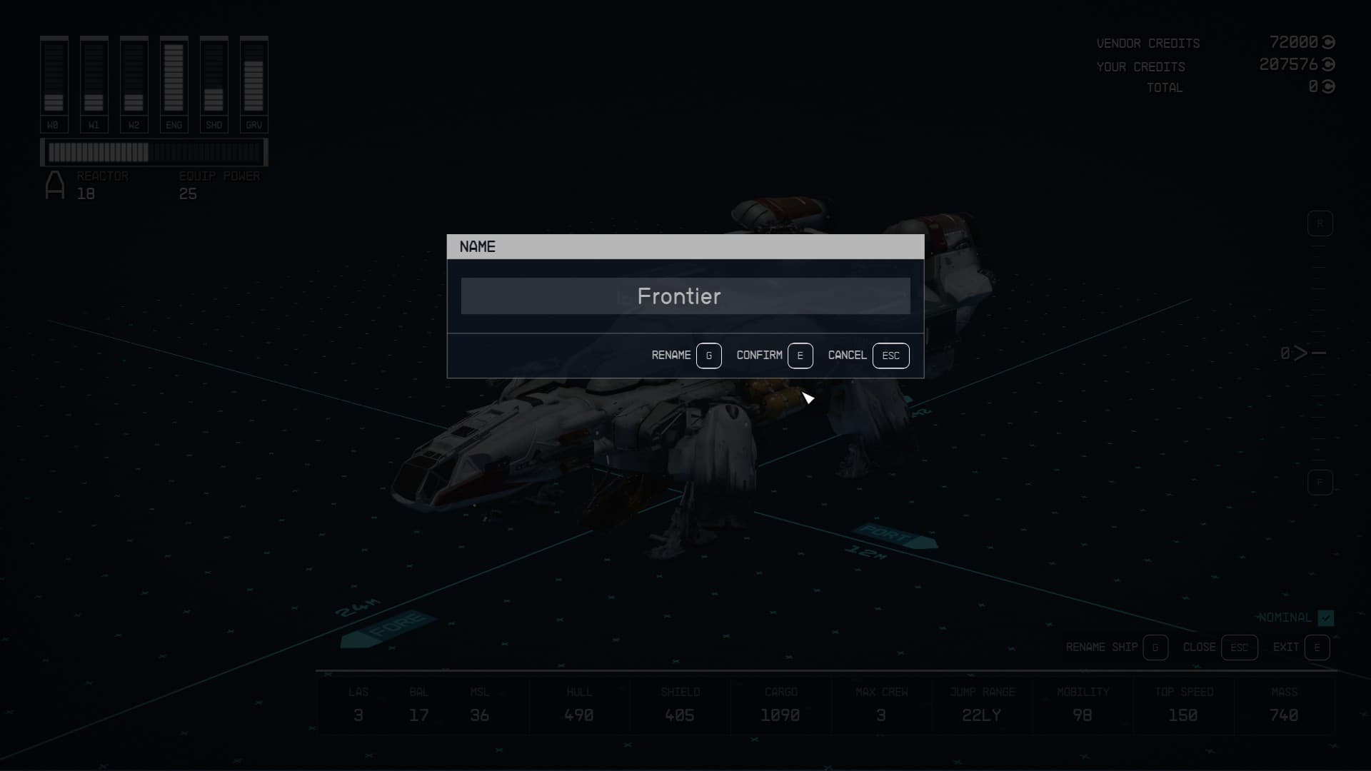 Starfield how to rename ship: The player changing the name of their ship.
