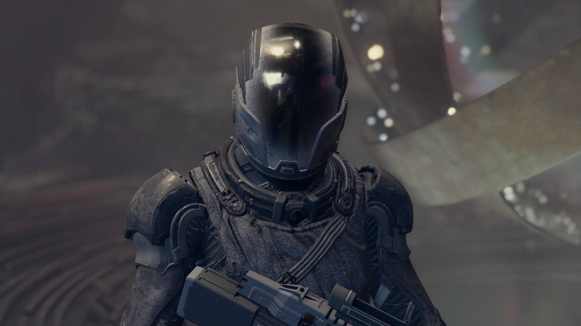 A man in a space suit holding a gun navigates a starfield.
