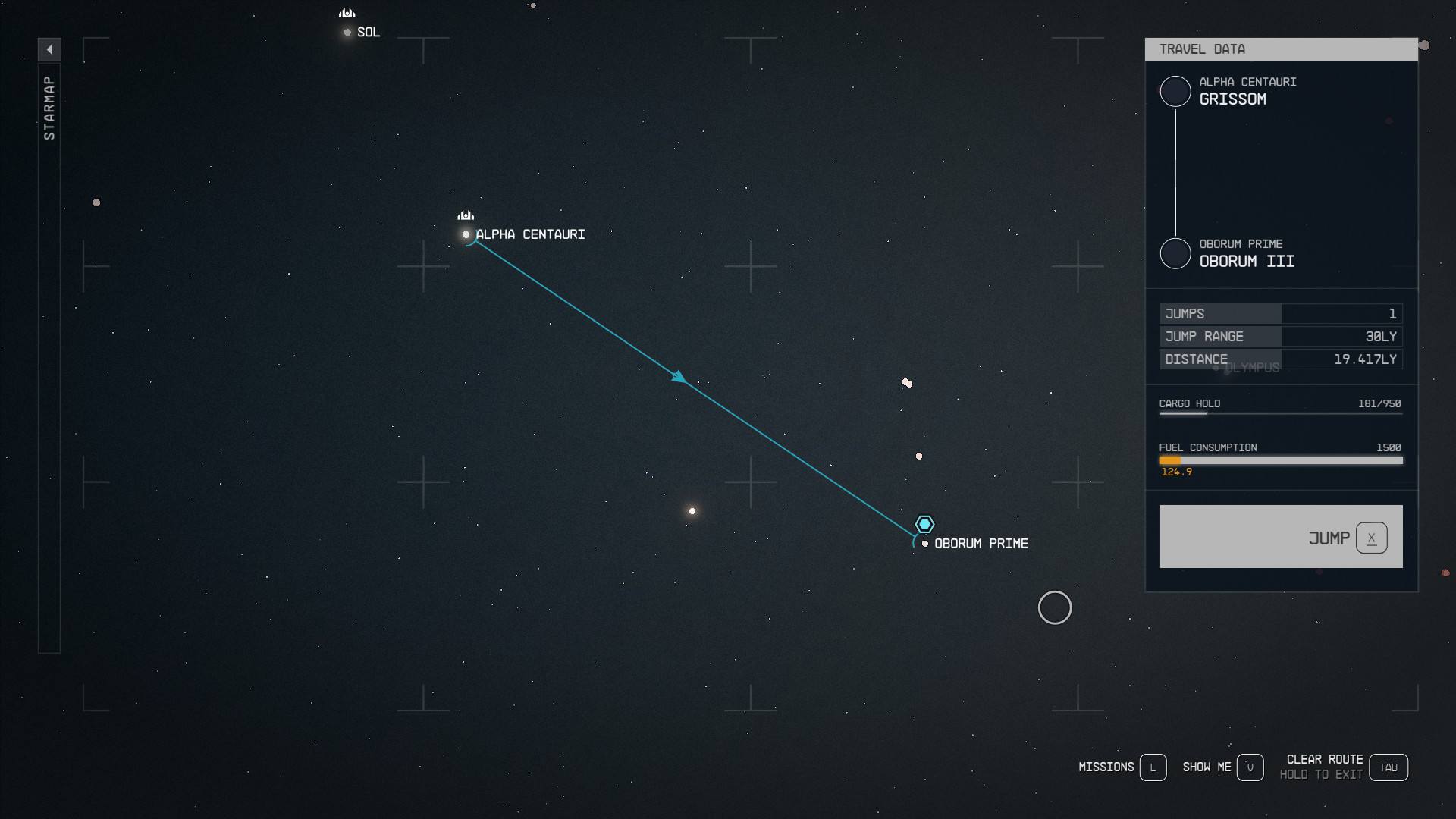 Starfield In Their Footsteps: Grav jumping to Oborum Prime on the star map.