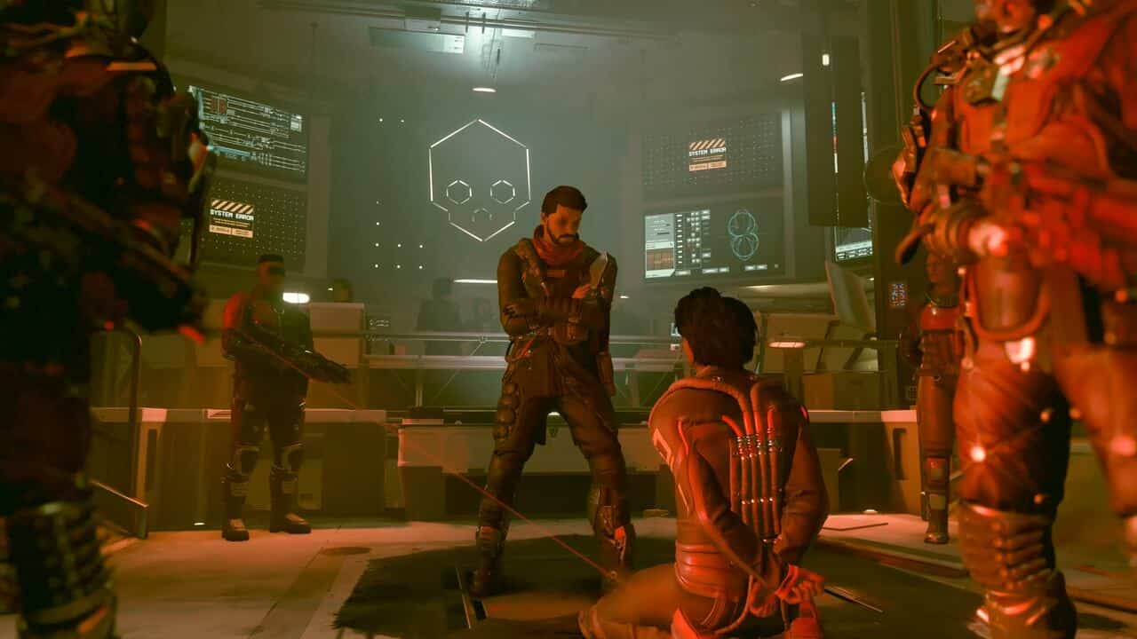 Starfield jail: A player handcuffed surrounded by armed soldiers.