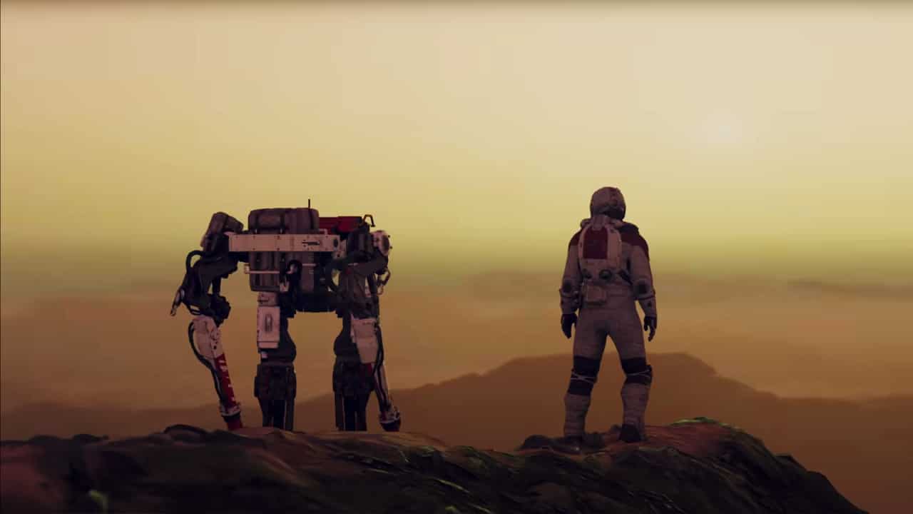 Starfield Mars: A player and robot companion look out over a red desert landscape from atop a cliff.