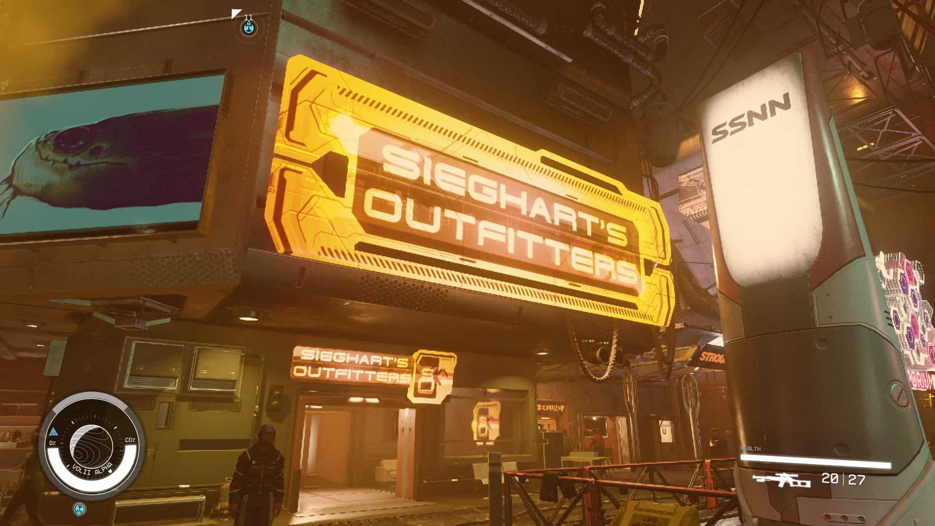 Starfield Microsecond Regulator: The outside of Sieghart's Outfitters in Neon.