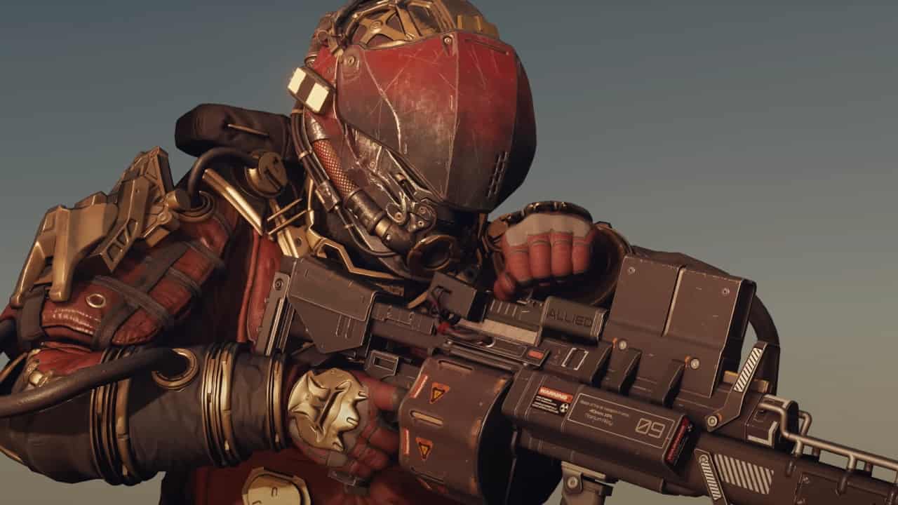 Starfield missions: A player in worn, high quality armour inspects a heavy weapon.