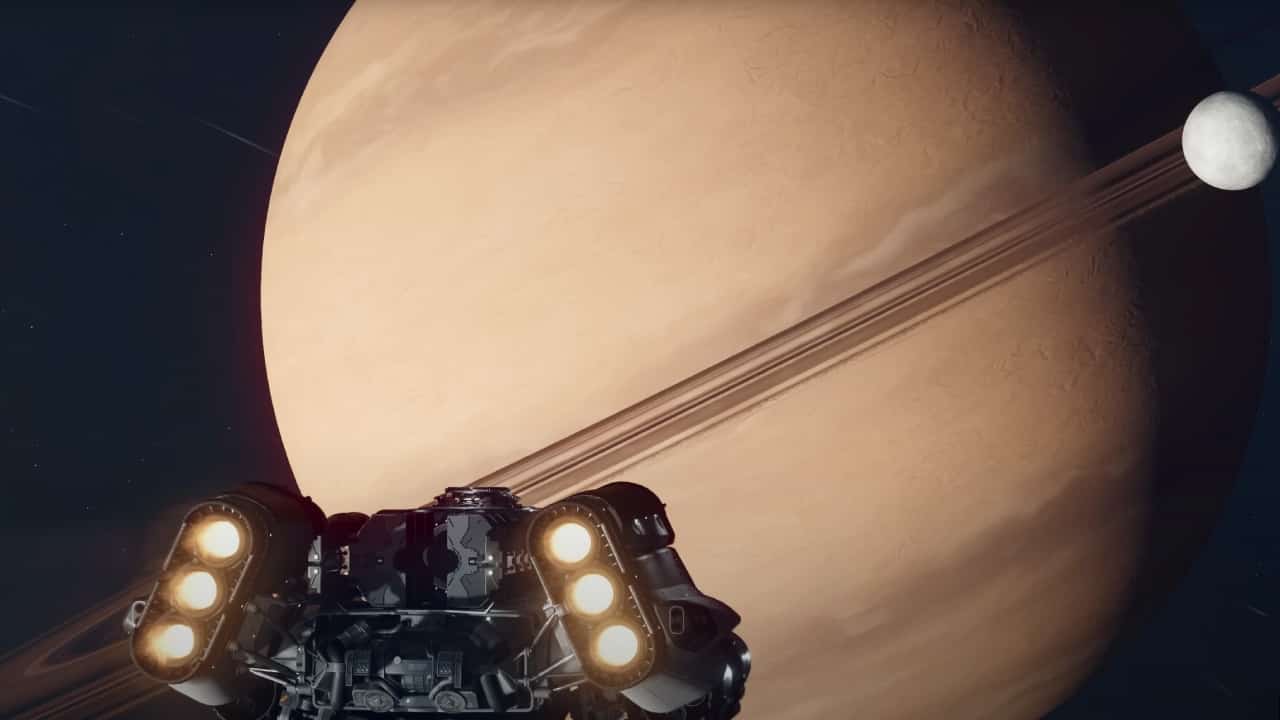 Starfield multiplayer or co-op: A starship flies towards a dusty-brown gas giant.