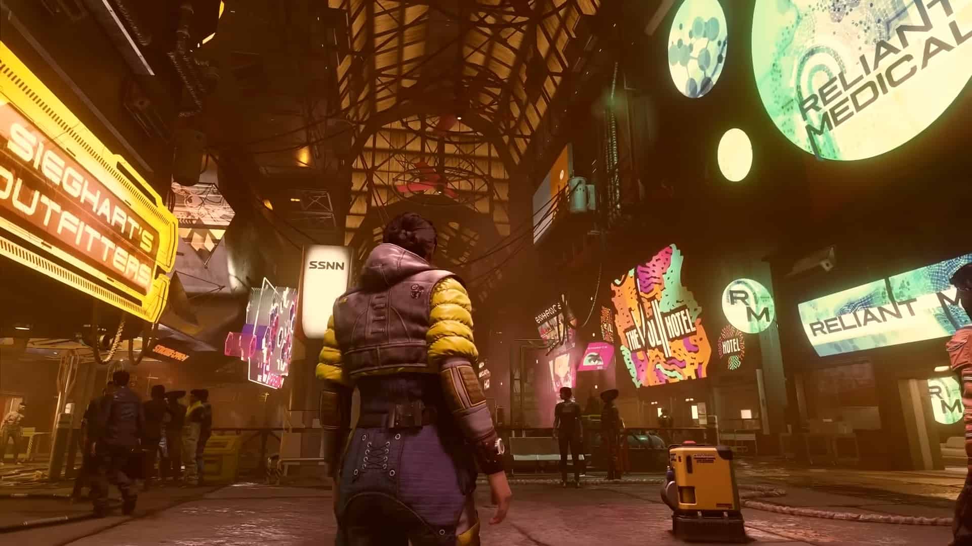 Starfield Neon City: A player walking through a street with neon signs on either side.
