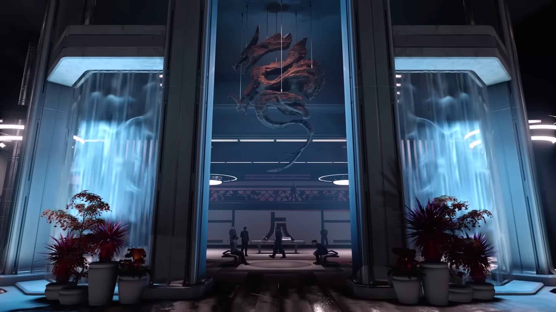 Starfield Neon City: The entrance to a room with the Ryujin Industries logo hanging from the ceiling.
