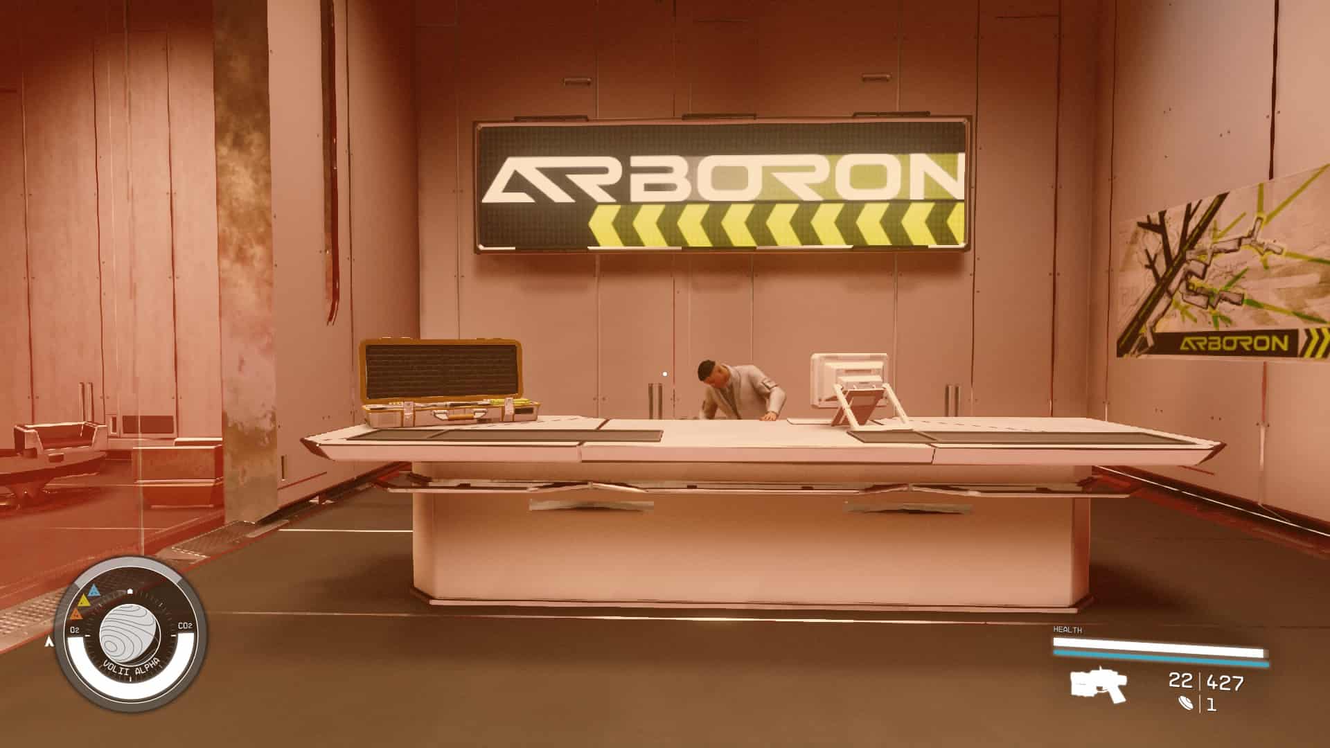 Starfield Neon shops: The counter at Arboron in the Ryujin Industries lobby.