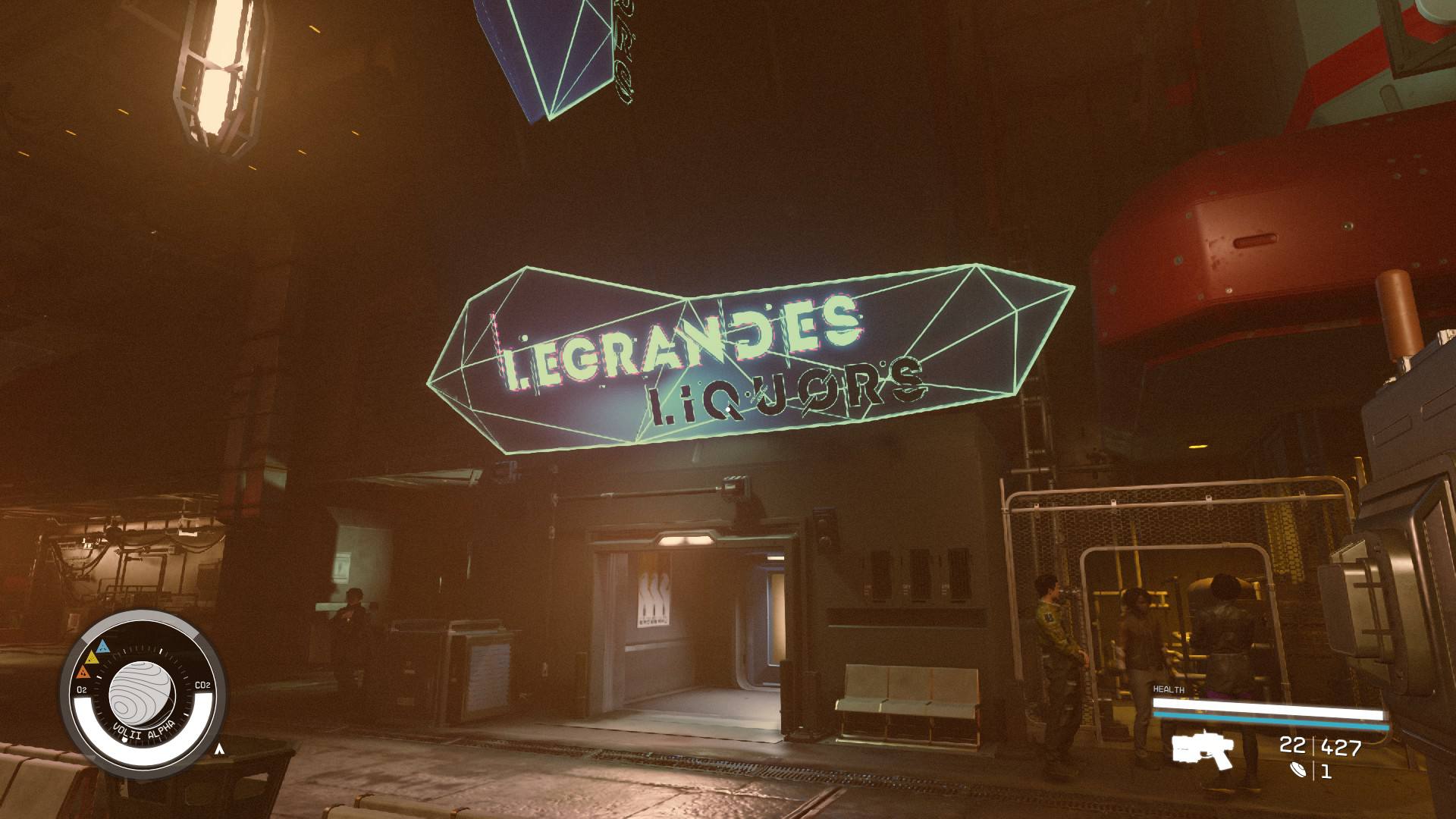 Starfield Neon shops: The front of Legrande's Liquors.