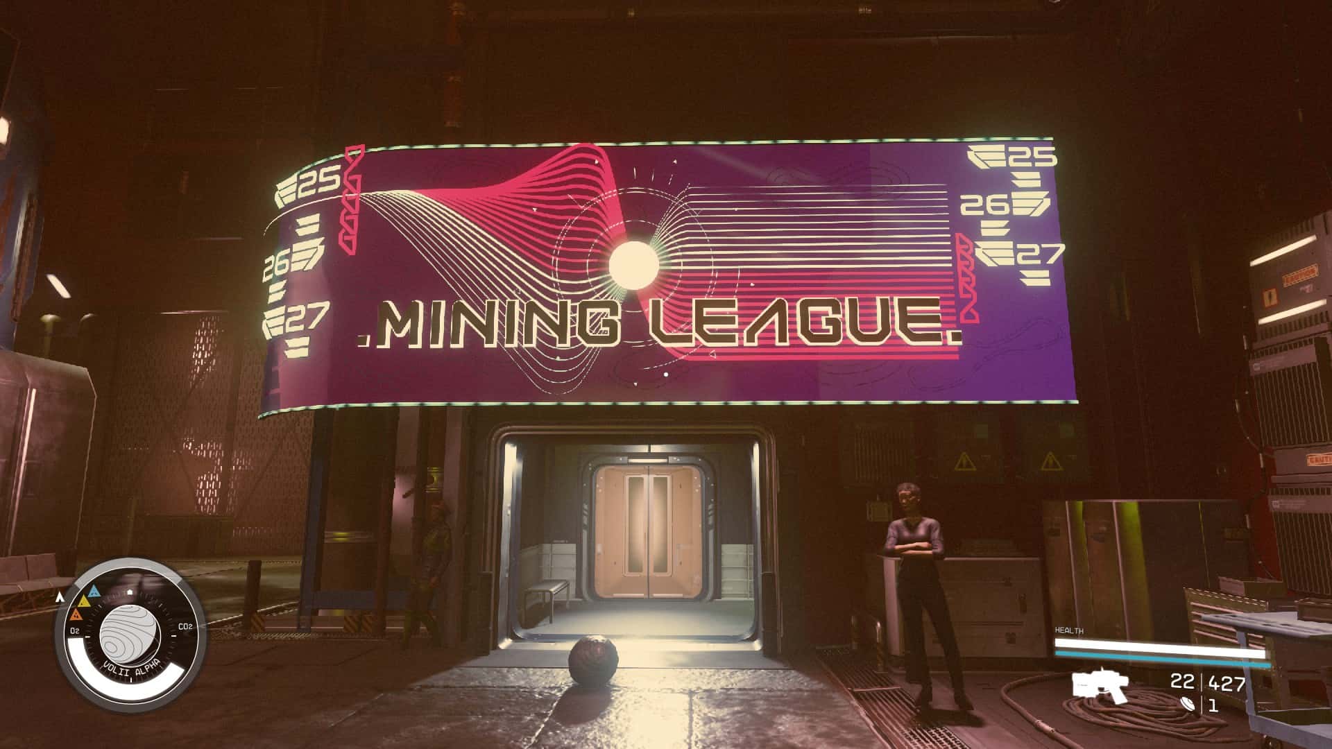 Starfield Neon shops: The front of the Mining League shop.