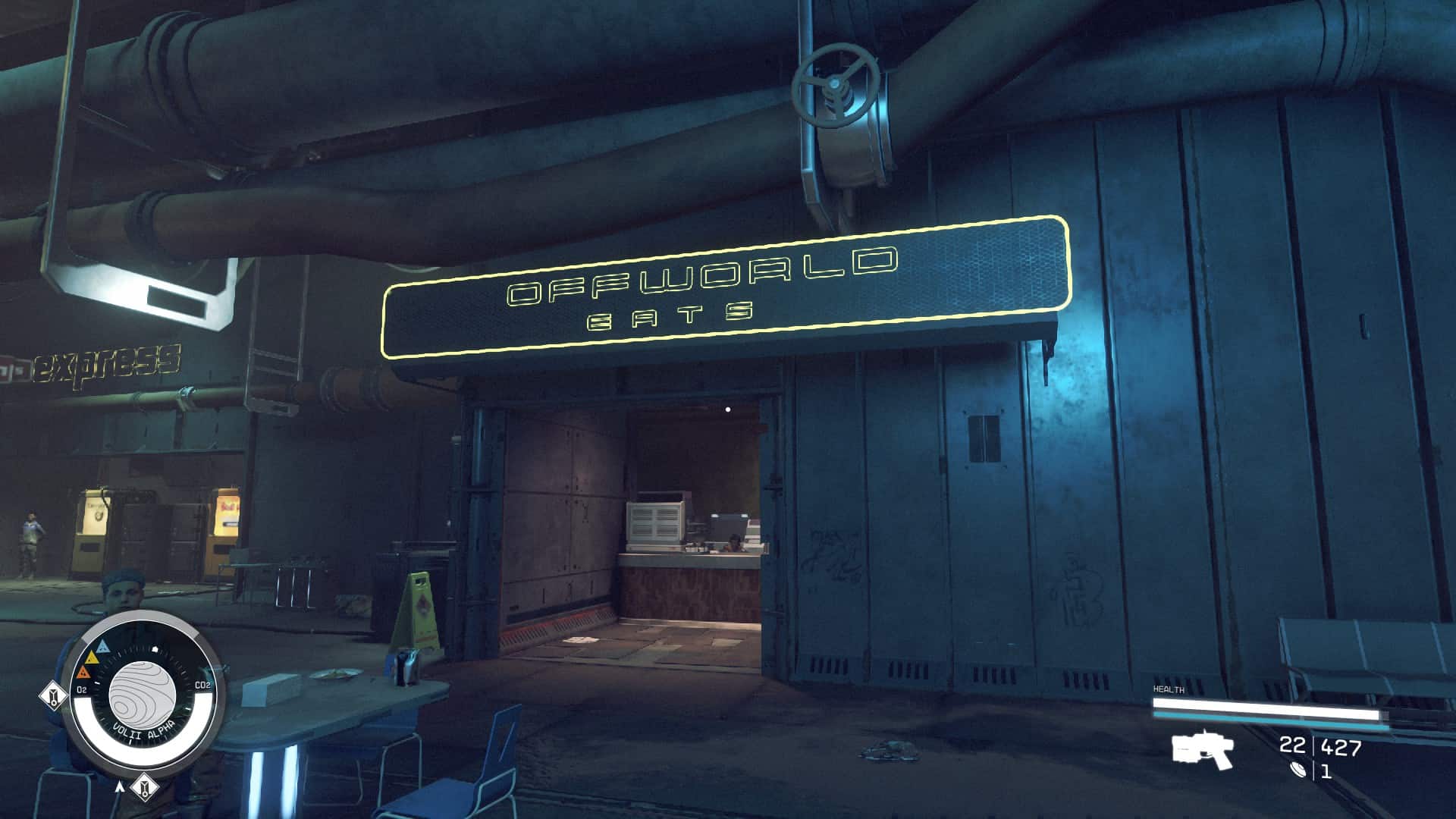 Starfield Neon shops: The outside of Offworld Eats in Neon's Underbelly.