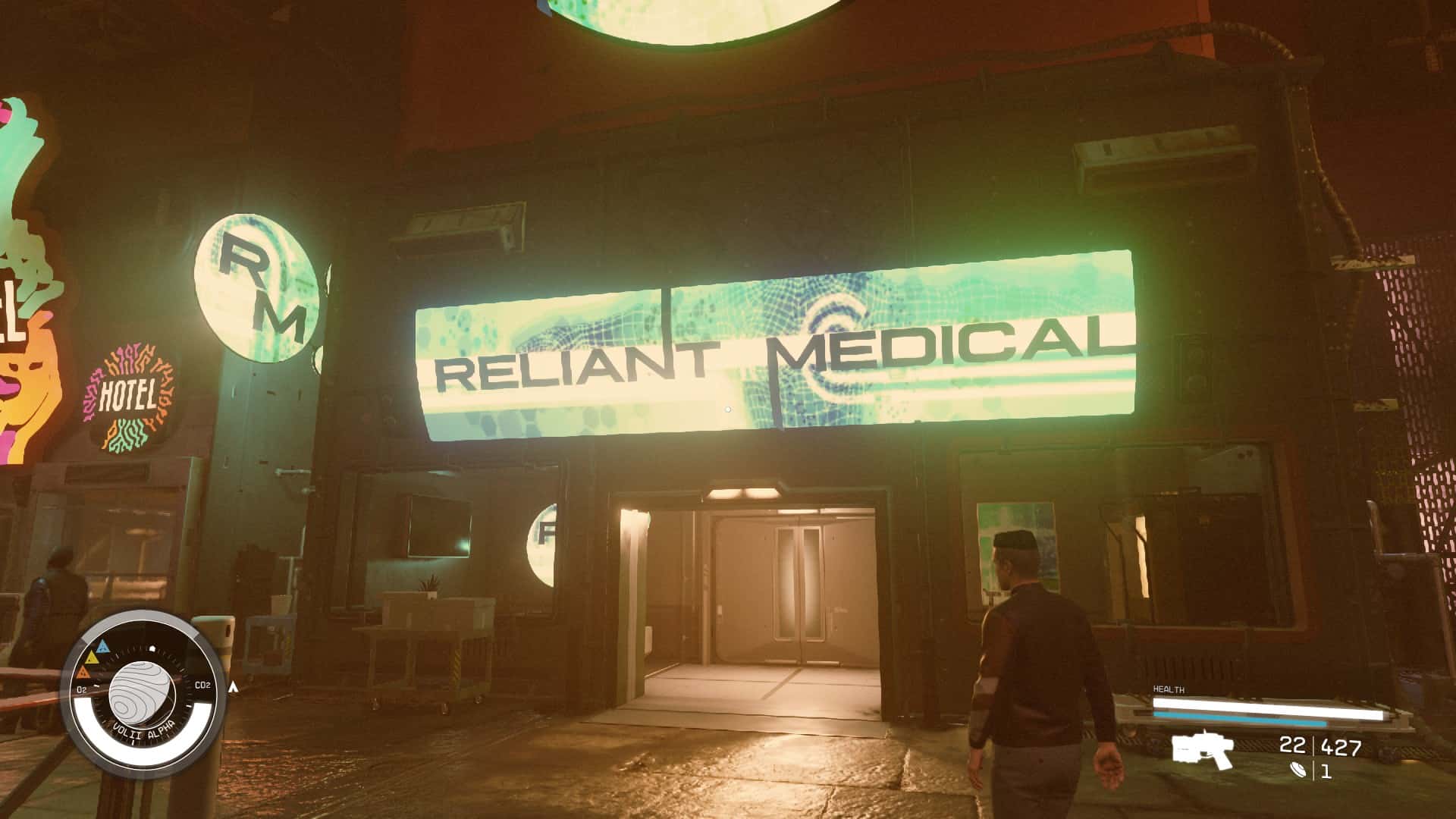 Starfield Neon shops: The outside of Reliant Medical in Neon.