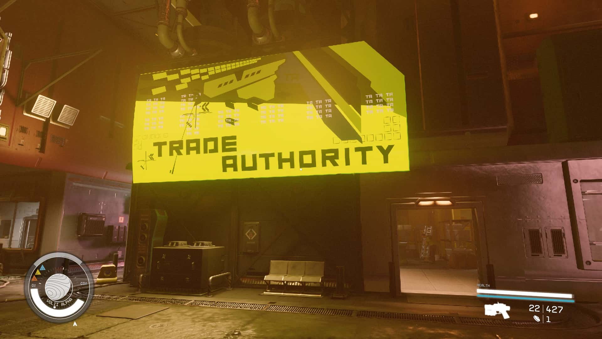 Starfield Neon shops: The outside of Neon's Trade Authority.