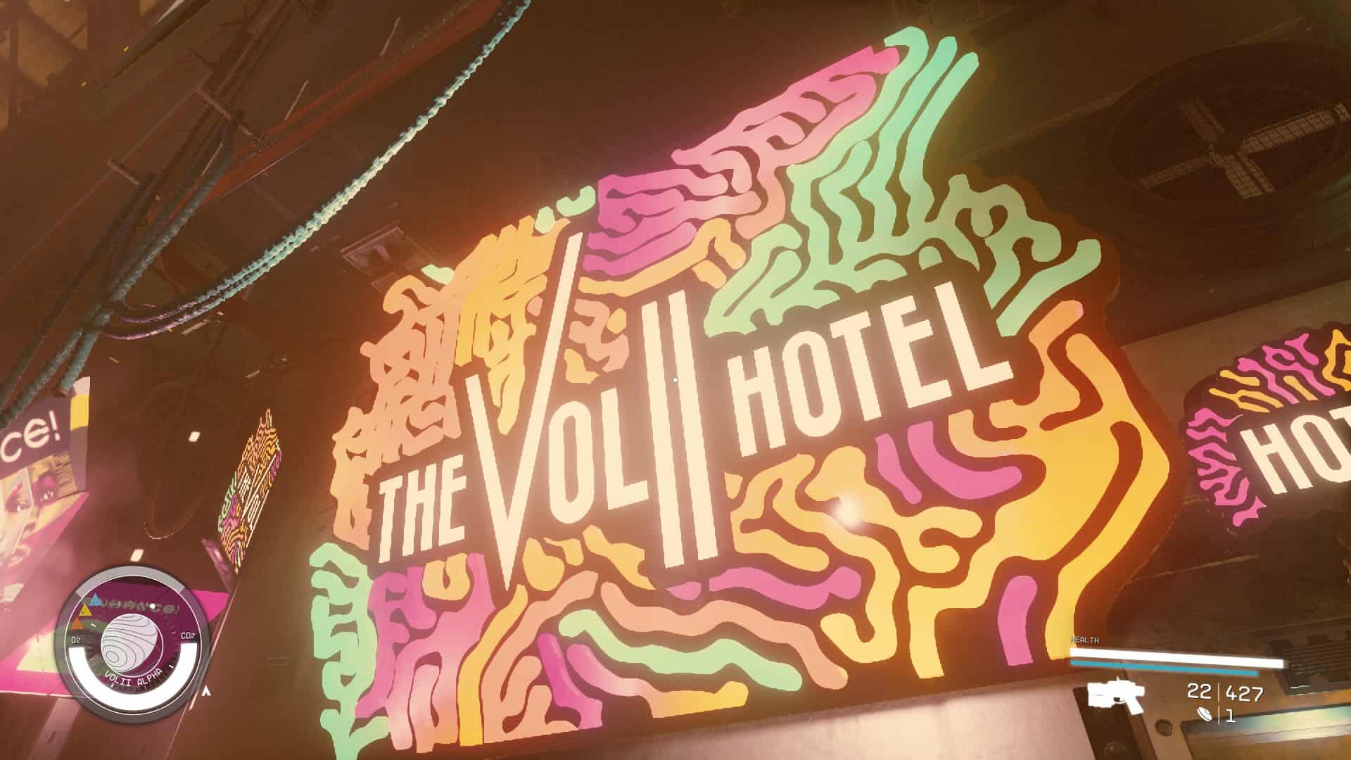 Starfield Neon shops: The neon sign of the Volii Hotel.