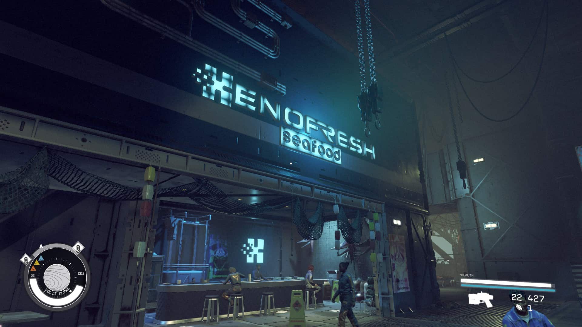 Starfield Neon shops: The front of the Xenofresh Seafood shop.