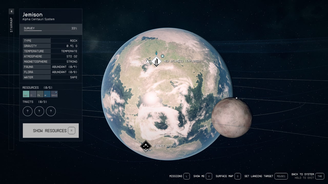 Starfield New Atlantis city guide: Jemison planet map with New Atlantis highlighted.