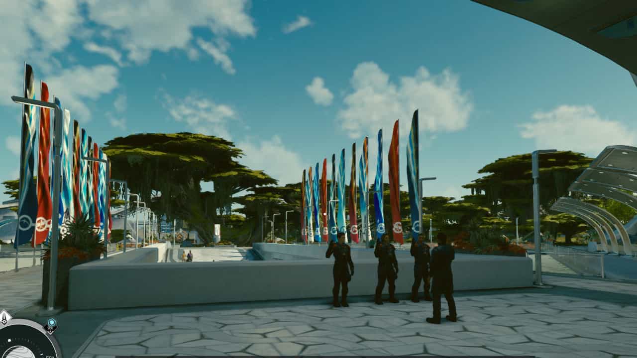 Starfield New Atlantis city guide: Soldiers lined up by the rows of flags outside of the MAST.