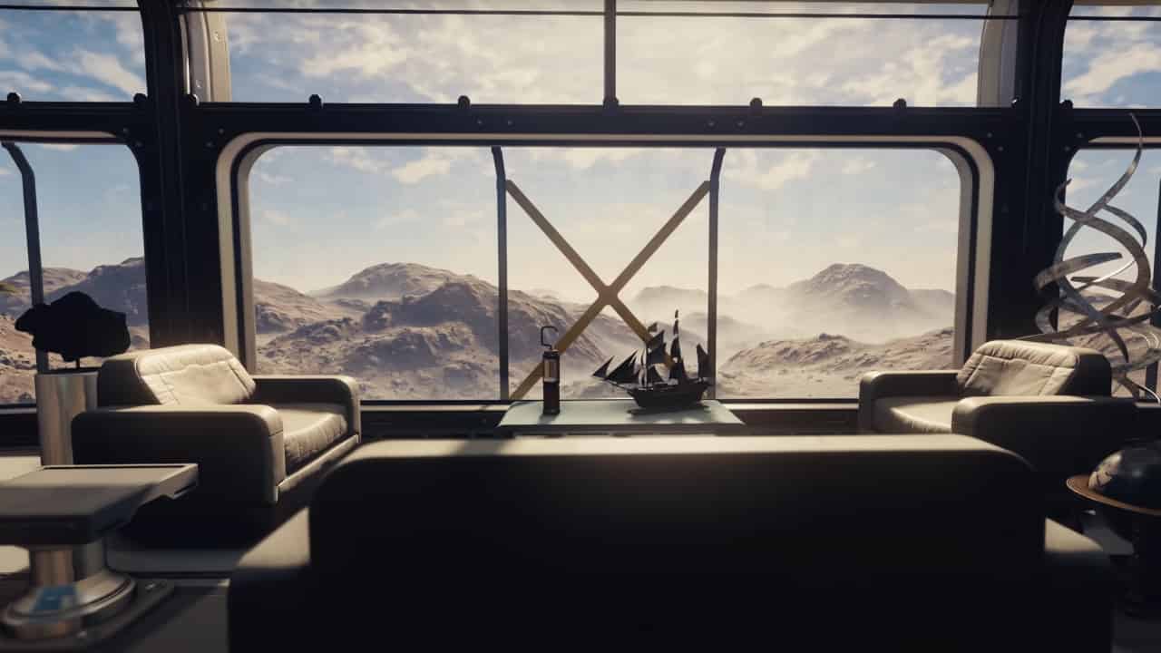 Starfield outposts: The interior of a luxurious lounge in an outpost with a stunning mountain view.