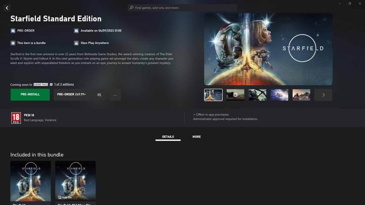 Starfield PC Preload: The Starfield game page on the PC Xbox app.