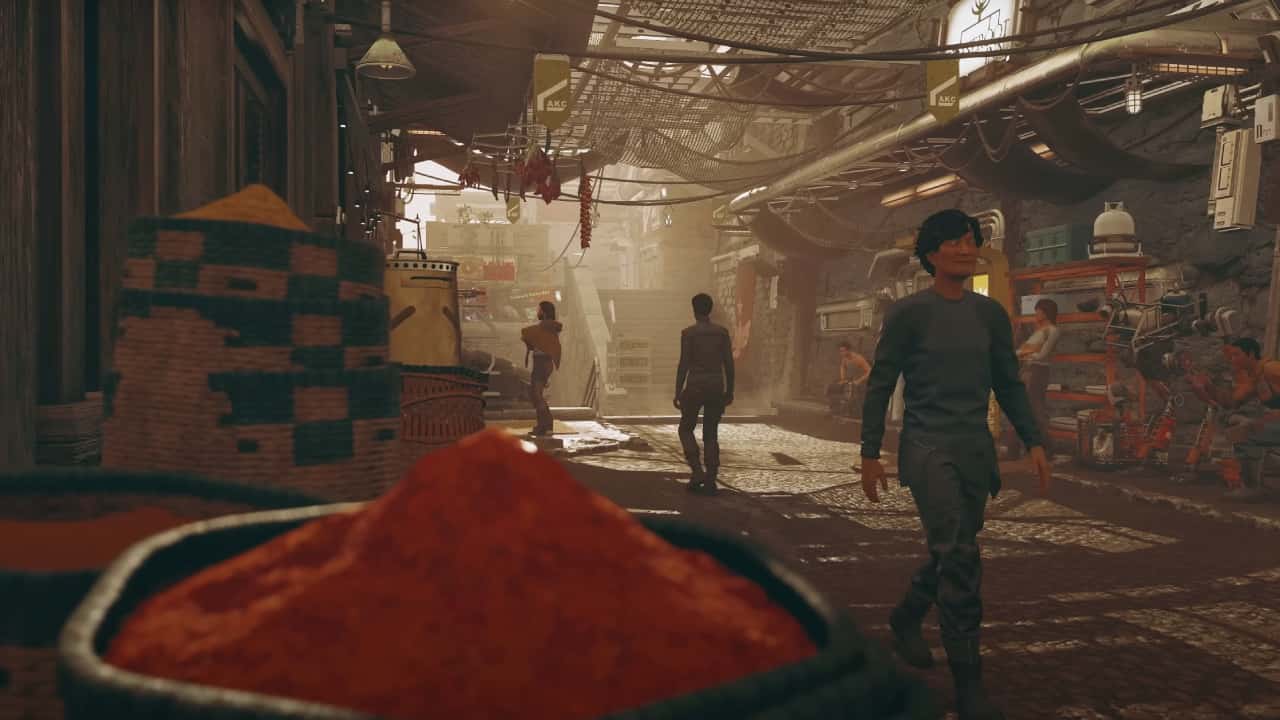 Starfield planets guide: NPCs walk through the covered markets of Akila City.