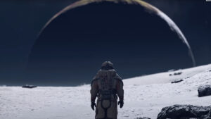 Starfield planets guide: An explorer walks across the surface of a barren moon, a large, ominous planet hanging in the sky before them. Cyberpunk 2077