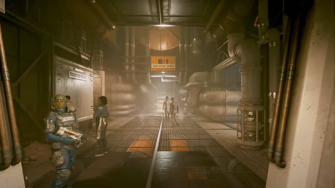 Starfield planets guide: A long industrial hallway on Cydonia, with NPCs walking through it.