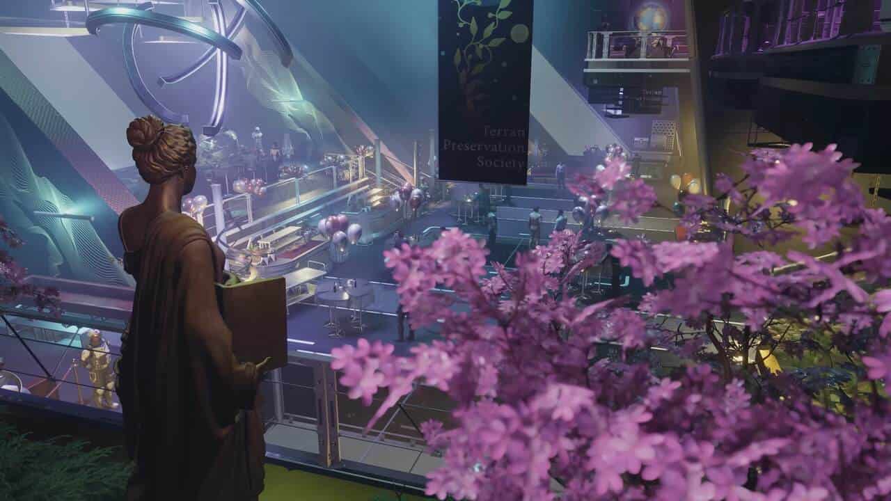 Is Starfield on PS5 or PS4: A large open room with pink flowers in the foreground. A banner hanging from the ceiling reads "Terran Preservation Society".