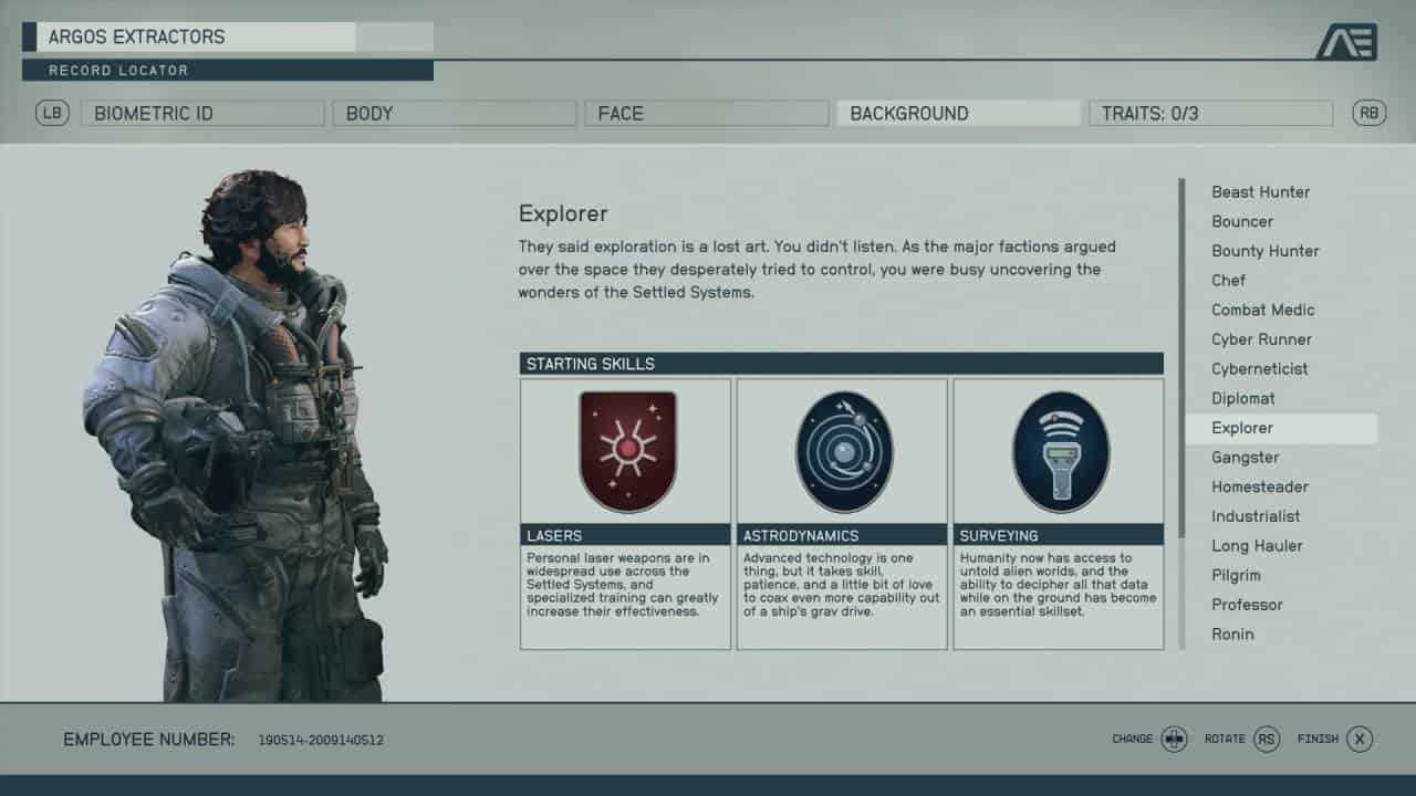 Starfield release date: The character creation screen, focused on the Explorer background option.