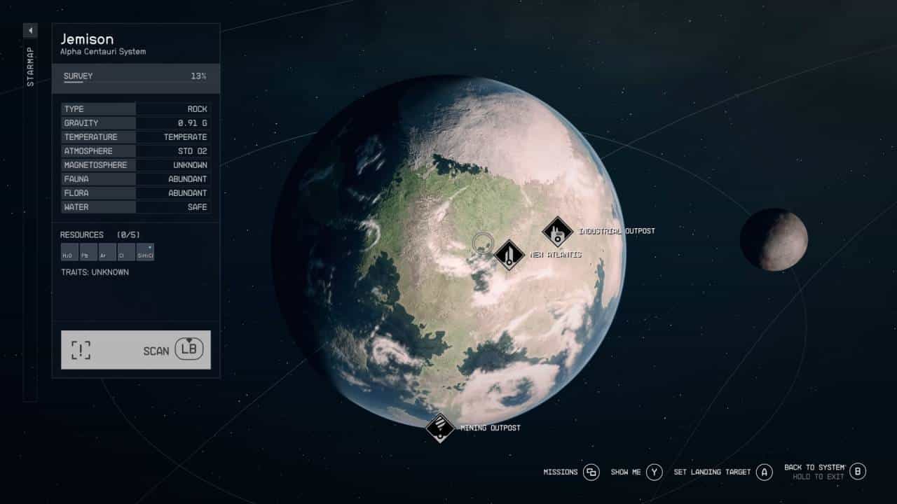 Starfield release date: The player looking at Jemison on the starmap, featuring New Atlantis, one of the main cities in the game.